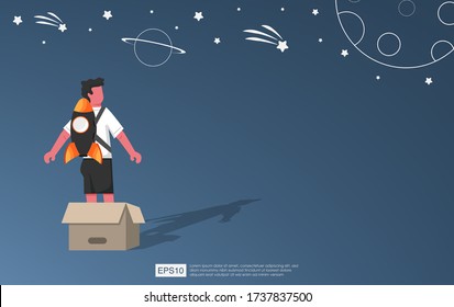 Kids on box with jet launcher vector illustration. Moon, stars and planet symbol. Children or boy exploring universe with his imagination and creativity. Playing at home or indoor 