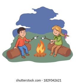 Kids on camping trip in forest. Little boy and girl scouts roast marshmallows on campfire. Outdoor adventure scene vector illustration. Cute school students on summer vacation.