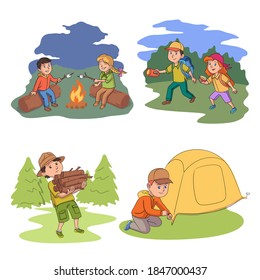 Kids on camping trip in forest set. Boy and girl scouts with backpacks travel with compass, grill marshmallows on campfire, bring firewood, put tent. Outdoor adventure scene vector illustration.