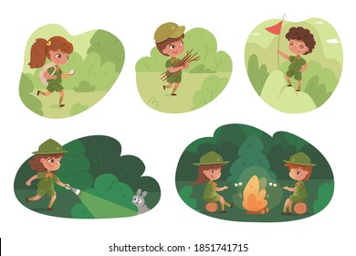 Kids On Camping Trip In Forest Set. Boy And Girl Scouts Travel With Compass, Grill Marshmallows On Campfire, Bring Firewood, Search Animals. Outdoor Adventure Scene Vector Illustration.