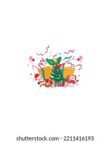 Kids on Christmas day decorate the charismas tree, Cute girl wearing Christmas hat and holding cute baby and happy cute kid boy give flower to friend on Christmas vector isolated on white background.