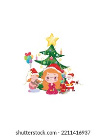 Kids on Christmas day decorate the charismas tree, Cute girl wearing Christmas hat and holding cute baby and happy cute kid boy give flower to friend on Christmas vector isolated on white background.