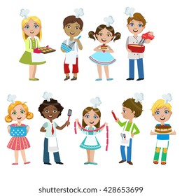 Kids On Cooking Lesson Set Of Bright Color Isolated Vector Drawings In Simple Cartoon Design On White Background