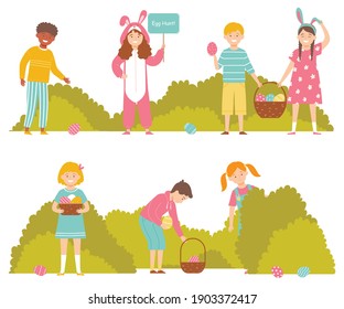 Niños cazando huevos en Pascua en el jardín. Niños buscando huevos coloridos en un parque. Niños y niñas juegan al aire libre. Conjunto de caracteres sobre fondo blanco. Ilustración vectorial en estilo plano