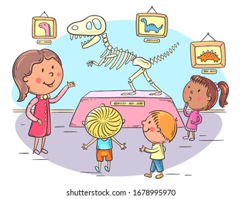 Kids On Excursion In The Dinosaur Or Natural History Museum With A Guide Or Teacher, Colorful Vector Illustration