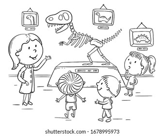 Kids On Excursion In The Dinosaur Or Natural History Museum With A Guide Or Teacher, Outline Vector Illustration