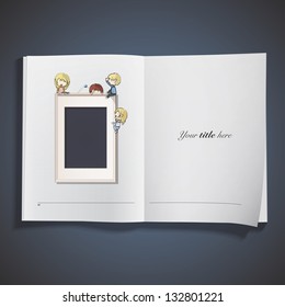 Kids on frame on white book. Vector design.