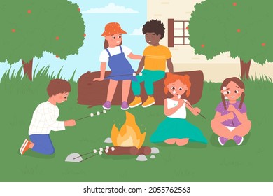 Kids on fun picnic with fire camp, cooking marshmallow in summer park garden or backyard vector illustration. Cartoon girl boy child roasting marshmallow, happy children playing together background