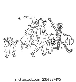 Kids on Halloween run to the neighbours in costumes to ask for candy, flat line illustration. Vector illustration