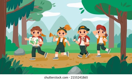 Niños en una caminata. Niños de caricatura caminando en madera, viaje de verano y viaje de aventura con mochilas. Los niños con vectores sobreviven en la naturaleza. Ilustración de los viajes de senderismo en verano