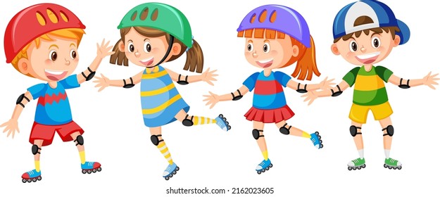 Kids on inline skates cartoon illustration