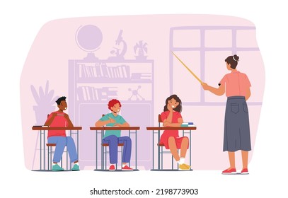 Kids on Lesson, Children Characters with Teacher in Classroom Interior. Boys and Girls Sitting at Desk in Class. Education, Back to School Concept with Students. Cartoon People Vector Illustration