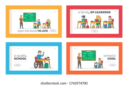 Kids on Lesson Landing Page Template Set. Children Characters with Teacher in Classroom. Disabled Boy in Wheelchair Sit at Desk in Class. Education, Back to School. Linear People Vector Illustration