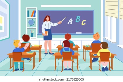 Kids on lesson. Pupil school discus homework, discussing group in classroom with teacher. Funny class, students at desks learn, kicky education vector concept