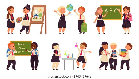 Kids on lessons. School girl on lesson, science children characters. Cartoon child study, collaboration in education. Students decent vector concept