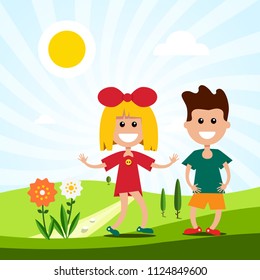 Kids on Meadow. Vector Landscape with Boy and Girl.