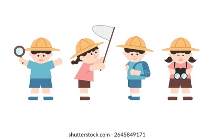 Kids on nature field trip and insect exploration outdoor learning illustration