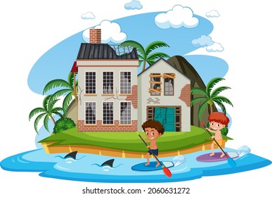 Kids on paddle board in fron of abandon house illustration