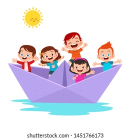 kids on the paper ship vector