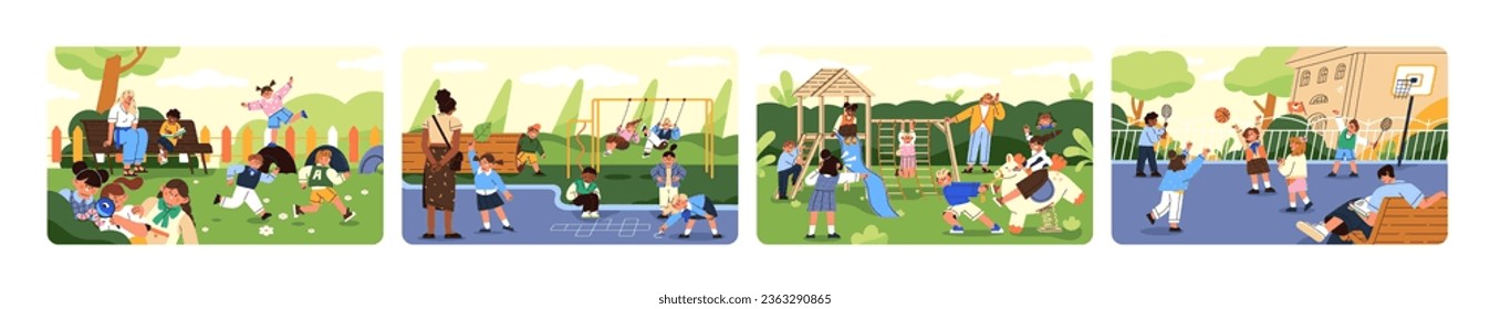 Niños en el parque infantil. Niños balanceándose, corriendo en kindergarten. Niñas y chicos juegan al baloncesto, bádminton, al hopscotch en el parque. Las actividades de ocio divertidas. El verano en la infancia. Ilustración vectorial plana