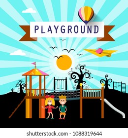 Kids on Playground in City Park. Vector Cartoon.