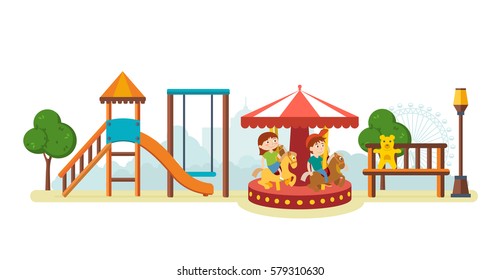 Kids on the playground concept. Children have fun in the amusement park, and ride on the carousel. Vector illustration isolated on white background.