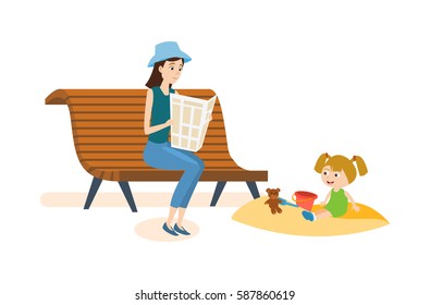 Kids on the playground concept. Mom walks in the park with her daughter and reading a newspaper on a bench, which plays in the sandbox. Vector illustration isolated on white background.
