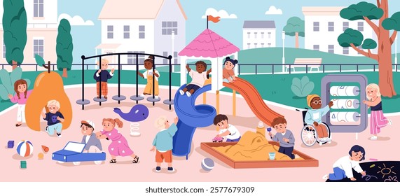 Kids on playground. Happy children leisure time on play ground outside. Kindergarten group during playtime, outdoor fun activities with slide, sandbox on summer holiday. Flat vector illustration