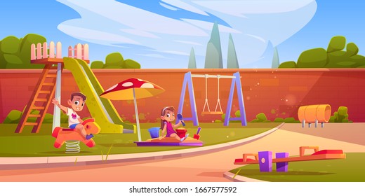 Kids on playground in summer park, garden or backyard with slide, sandbox and swing. Vector cartoon illustration of happy girl playing in sandpit and boy on rocking horse in kindergarten