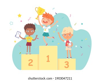 Kids On Podium After Competition. Happy Boys With Diplomas And Medals. School Achievements And Success Vector Illustration. Winners On Pedestal, Celebration With Rewards.