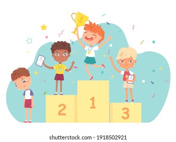 Kids on podium after competition. Happy boys holding prizes, medals and trophy cup. School achievements and success vector illustration. Sad boy near winners on pedestal with rewards.