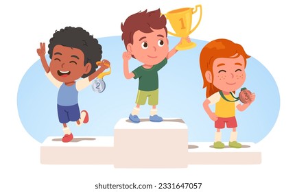 Kids on podium, champions competition winners. Happy girl, boys children persons holding medals and first place gold trophy cup award. Sport win, victory, success, achievement flat vector illustration