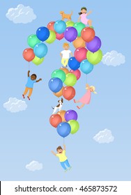 Kids on question mark shaped balloons. Vector illustration