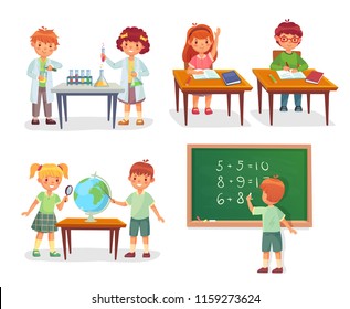 Kids on school lesson. Primary schools pupils on chemistry, biology lessons, schoolchild learn geography globe or sit at desk, pupil education vector cartoon isolated icon illustration set