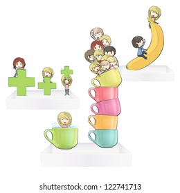 Kids on shelves. Vector design.