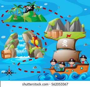 Kids on ship and adventure map illustration