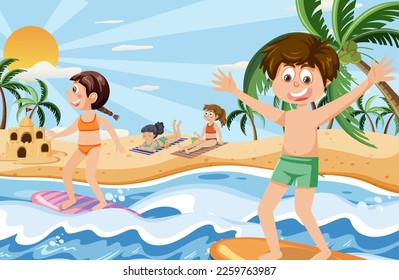 Kids on summer beach vacation illustration