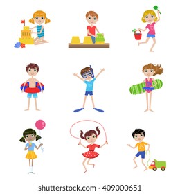 Kids On Summer Vacation  Cartoon Cute Flat Vector Funny Images Set Isolated On White Background
