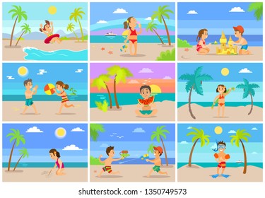 Kids on summer vacations vector set, girl with boy playing volleyball, kid with lifebuoy, water fight and sand castle building, diving equipment on male