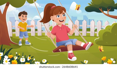 Kids on swing. Boy rocking girl. Friends playing in backyard on sunny day. Children spending time together outdoors. Friends swinging on playground. Cartoon vector illustration
