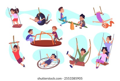 Kids on swing. Rope swing for children playground little kids have fun exact vector illustrations set