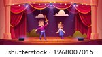 Kids on theatre stage, little children actors playing fairy tale concert with knight and princess characters on school scene with red curtains, illumination and scenery, Cartoon vector illustration