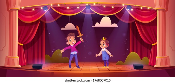 Kids on theatre stage, little children actors playing fairy tale concert with knight and princess characters on school scene with red curtains, illumination and scenery, Cartoon vector illustration