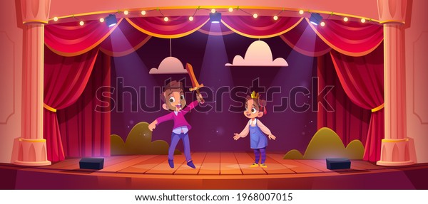 Kids on theatre stage, little children\
actors playing fairy tale concert with knight and princess\
characters on school scene with red curtains, illumination and\
scenery, Cartoon vector\
illustration