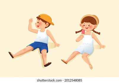 Kids on their summer vacation. Illustration of a boy raising his hand to greet and a girl in dress eating a popsicle