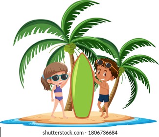 Kids on the tropical island posing beside surf board cartoon character on white background illustration