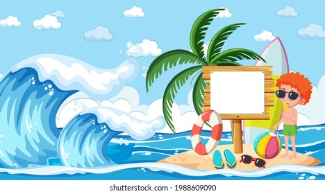 Kids on vacation at the beach daytime scene with an empty banner template illustration