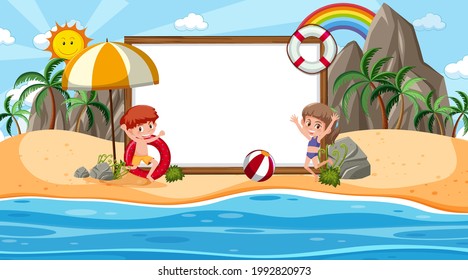 Kids on vacation at the beach daytime scene with an empty banner template illustration