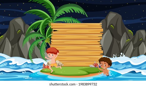 Kids on vacation at the beach night scene with an empty wooden banner template illustration