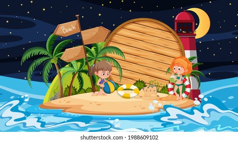 Kids on vacation at the beach night scene with an empty wooden banner template illustration